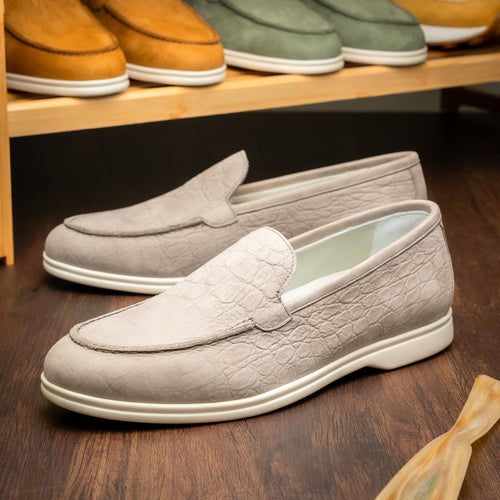 Zelli Livorno Stampata Crocodile Embossed Nubuck Loafer in Bone