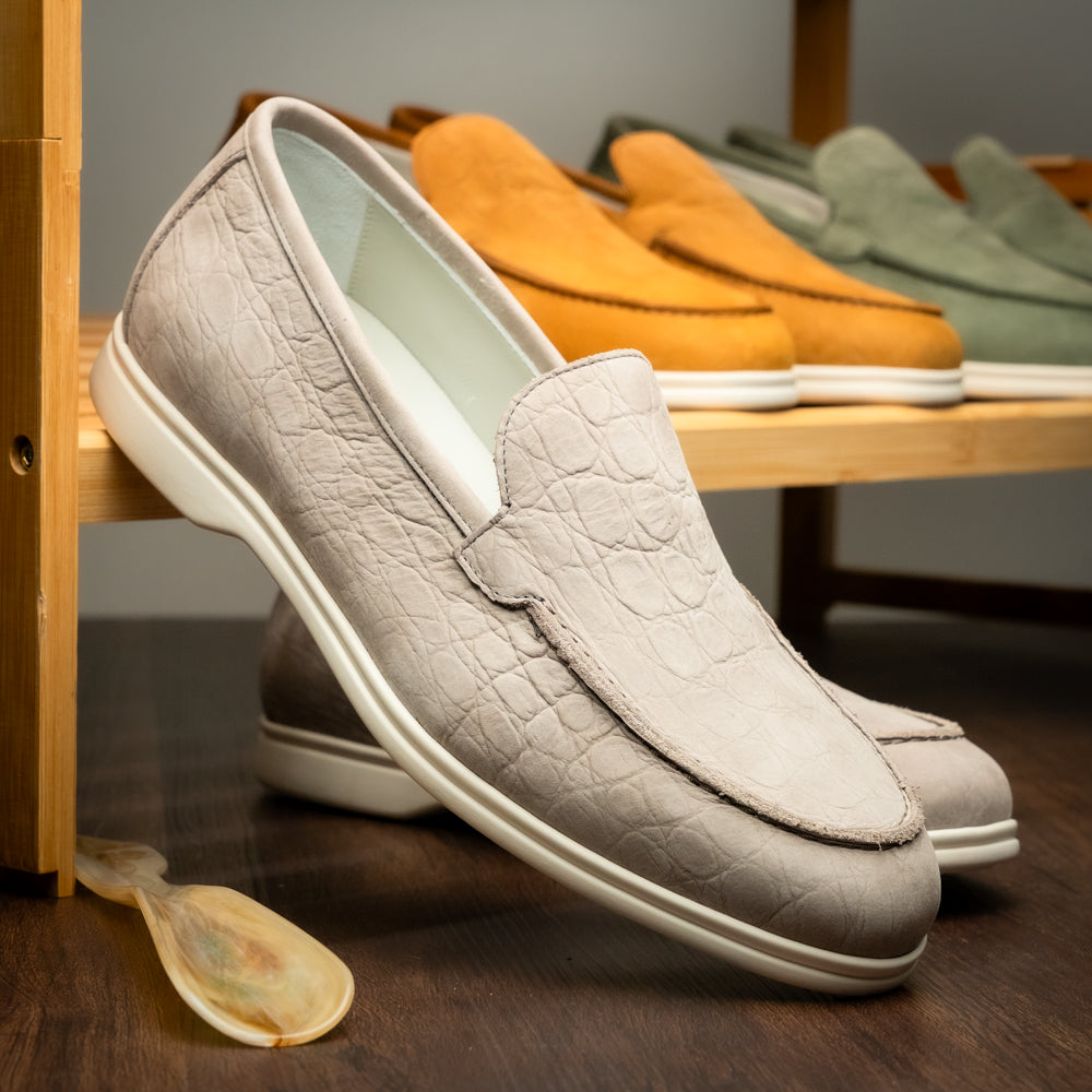 Zelli Livorno Stampata Crocodile Embossed Nubuck Loafer in Bone