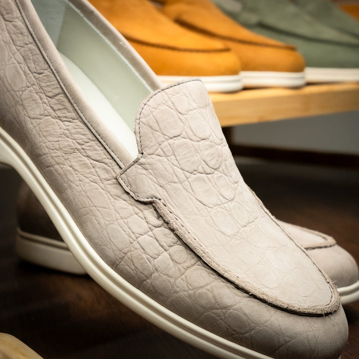 Zelli Livorno Stampata Crocodile Embossed Nubuck Loafer in Bone