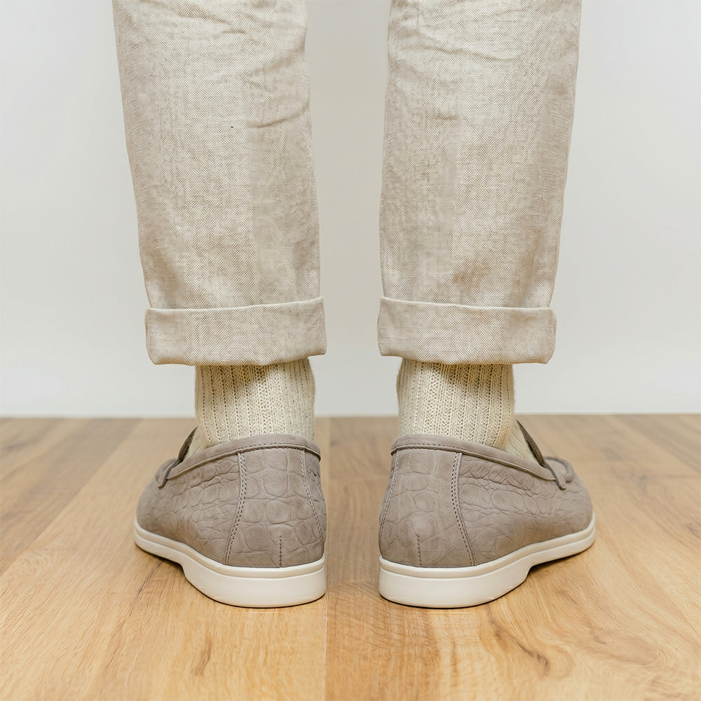 Zelli Livorno Stampata Crocodile Embossed Nubuck Loafer in Bone