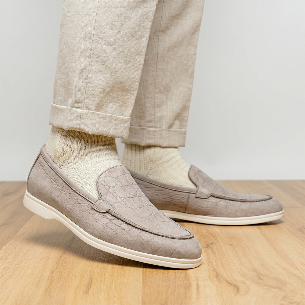 Zelli Livorno Stampata Crocodile Embossed Nubuck Loafer in Bone