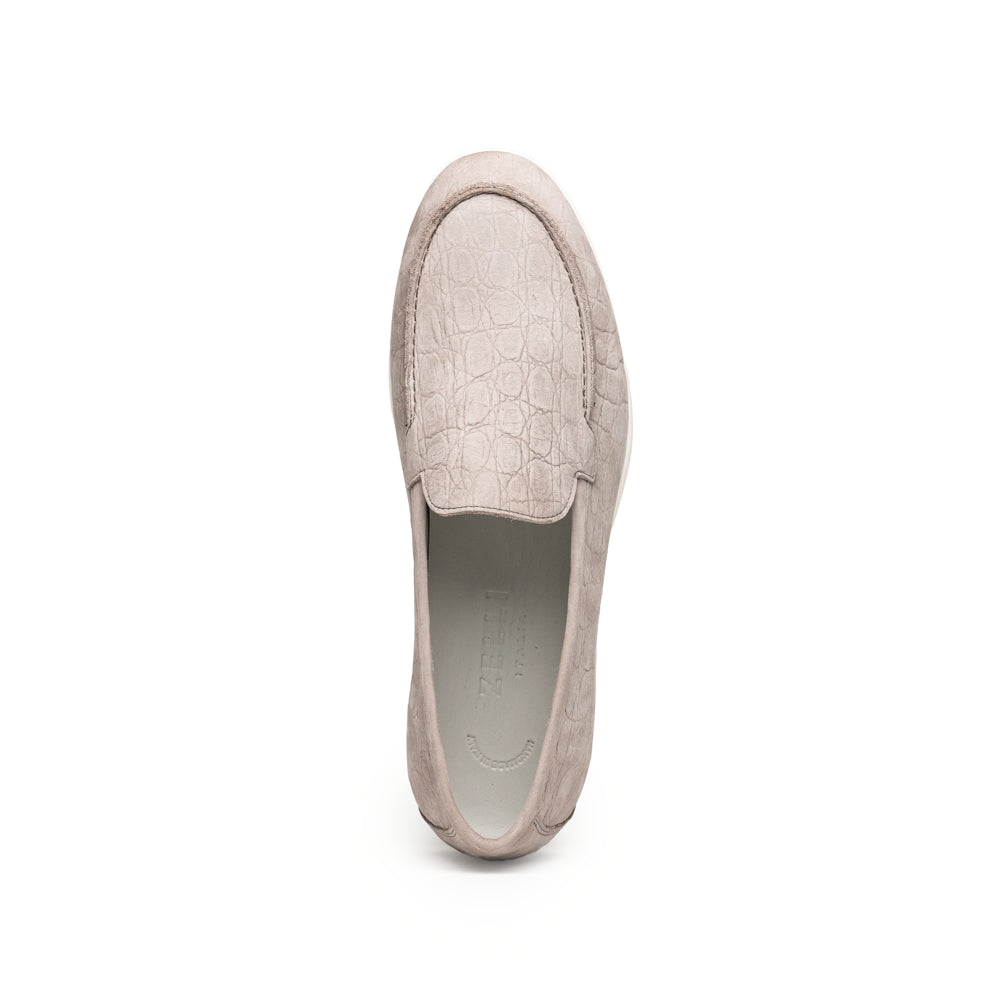 Zelli Livorno Stampata Crocodile Embossed Nubuck Loafer in Bone