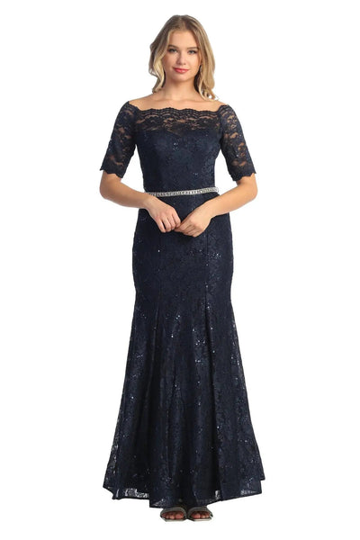 Cindy Collection 1638 Half Sleeve Lace Overlay with Stone Belt Evening Mermaid Dress