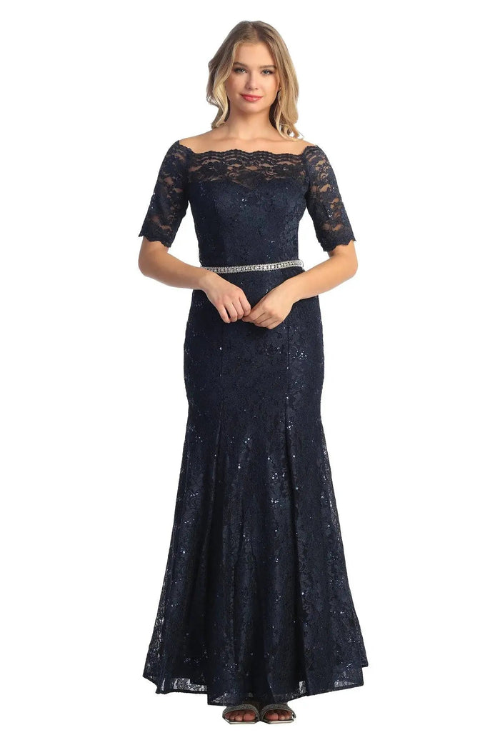 Cindy Collection 1638 Half Sleeve Lace Overlay with Stone Belt Evening Mermaid Dress