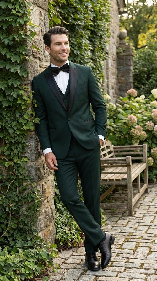 Men’s Hunter Green Tuxedo Suit 3 Piece – One Button Peak Lapel Designer Formal Suit for Wedding,  Light Weight Wool By Statement Dark Green