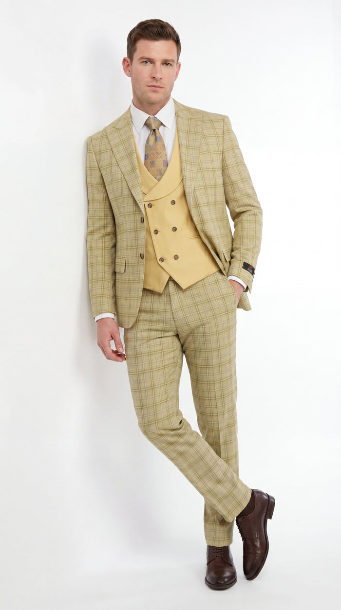 Vitali Men’s Sage Beige Tan Plaid 3 Piece Suit, Check Pattern Formal Dress Suit for Weddings, Prom, Business Events, Modern Fit Light Yellow Color
