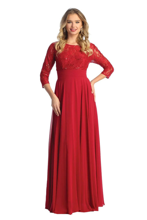 Cindy Collection 1748 Lace-Panel 3/4 Sleeve Smooth Knit A-Line Dress