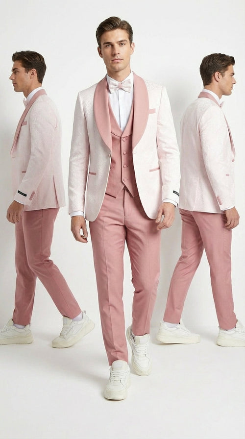 Men’s Cream and Rose Pink Prom Suit – Cream Tuxedo Jacket with Rose Pink Pants and Shawl Lapel Formal Suit for Prom and Wedding