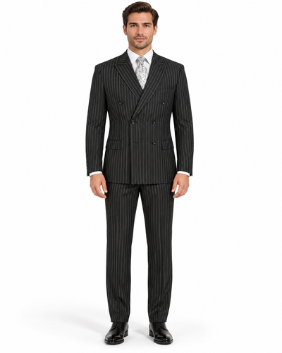 Pleated Suit - Mens Suits With Pleated Pant - Regular Fit Suit - Bold Black Pinstripe Suit by Men's Tuxedo USA