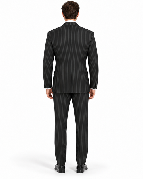 "Sophisticated Black Pinstripe Suit: Perfect for Prom and Wedding Formalities"