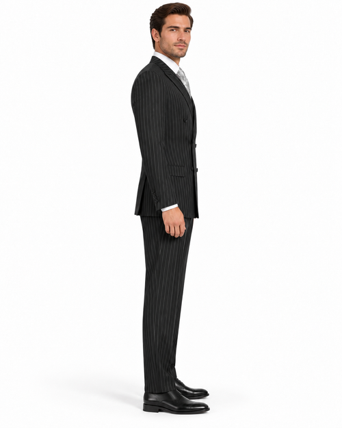 "Sophisticated Black Pinstripe Suit: Perfect for Prom and Wedding Formalities"