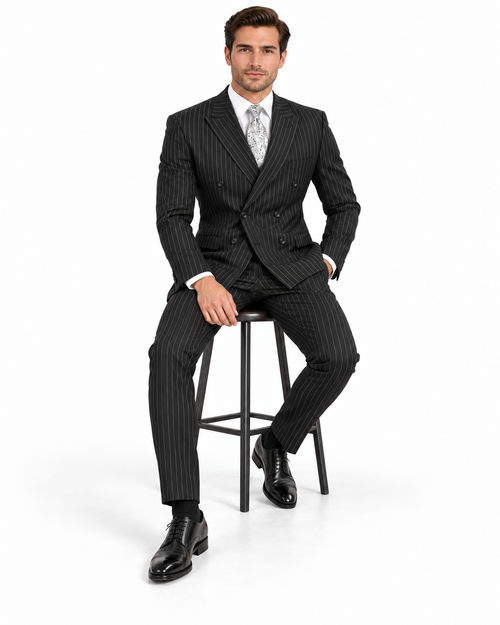 "Sophisticated Black Pinstripe Suit: Perfect for Prom and Wedding Formalities"
