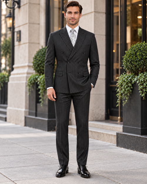 "Sophisticated Black Pinstripe Suit: Perfect for Prom and Wedding Formalities"