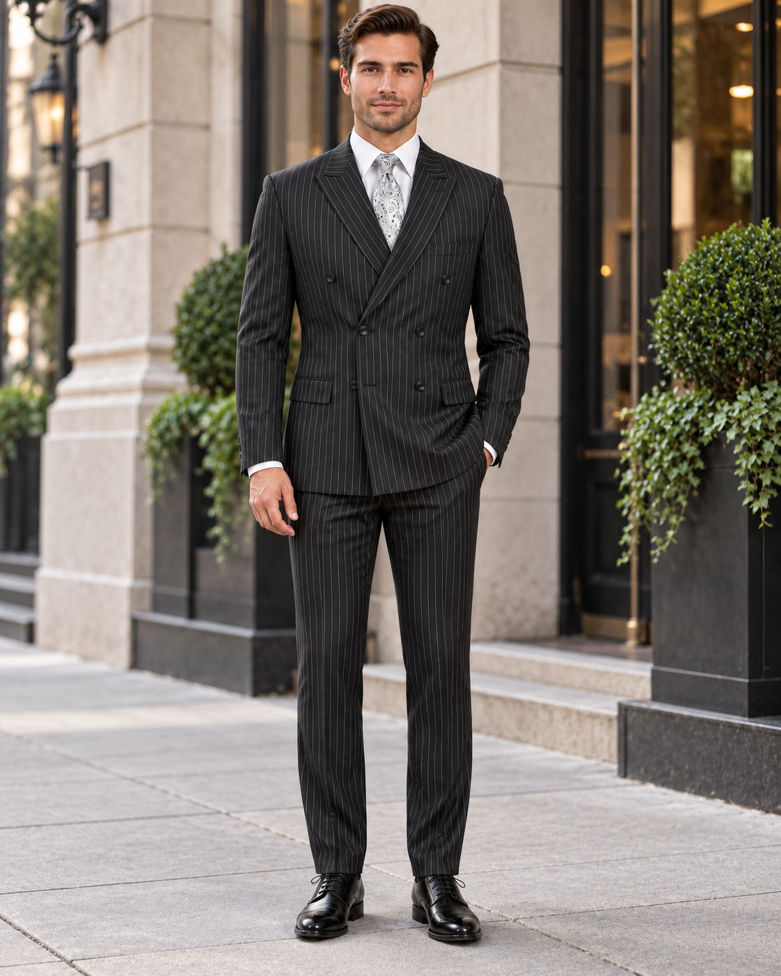 "Sophisticated Black Pinstripe Suit: Perfect for Prom and Wedding Formalities"
