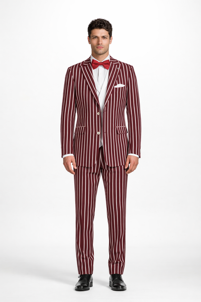 1920s Mens Vested Bold Gangster Pinstripe Suit in Burgundy