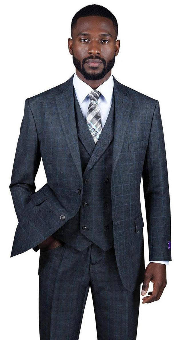 1920s Charcoal Square Plaid Mens Suit 3 Piece DB Vest Vinci V2RW-13 – SuitUSA