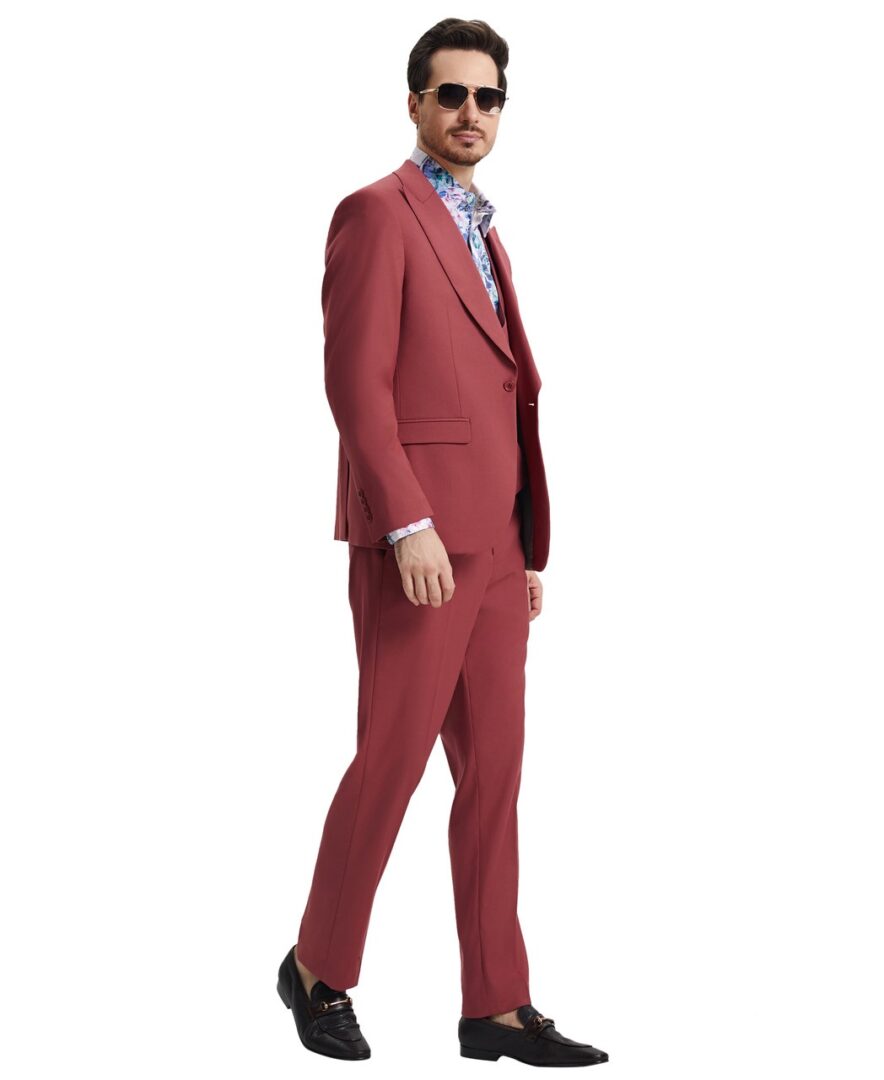 Stacy Adams Men’s Premium Coral Modern Fit Three Piece One Button Peak Lapel Suit