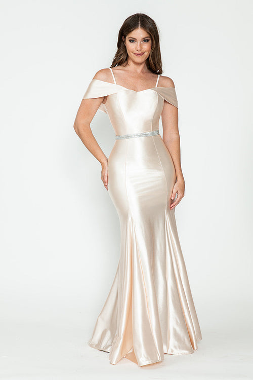Lenovia 5244 Cold Shoulder Stretch Satin Dress with Beaded Belt