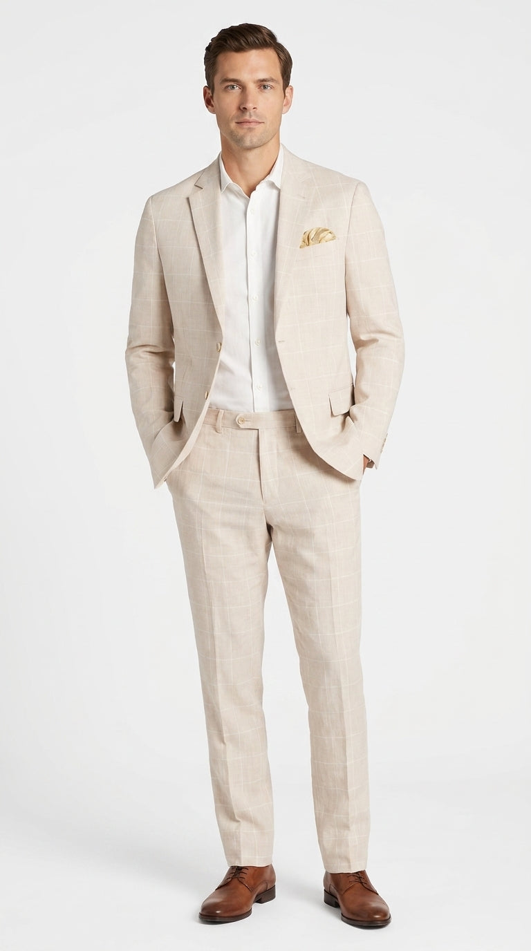 Men’s Big and Tall Beige Linen Suit – Summer Wedding and Formal 2-Piece Suit