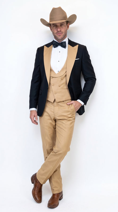 Men's Western Khaki Cowboy Tuxedo Suit – Black & Tan Beige  Peak Lapel 3-Piece Vested Formal Cowboy Suit