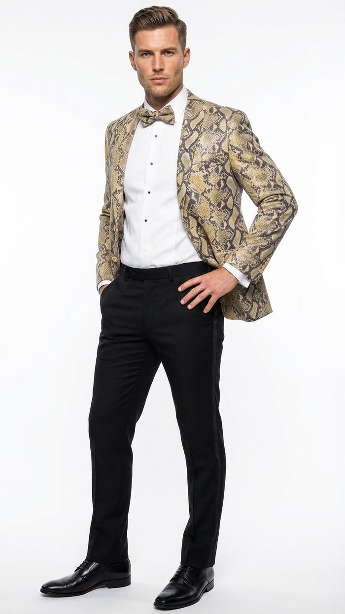 Men’s Beige and Black Snakeskin Print Blazer - Alligator Crocodile Exotic Sking Sport Coat Jacket in Tan Camel Color USA Men's Outlet