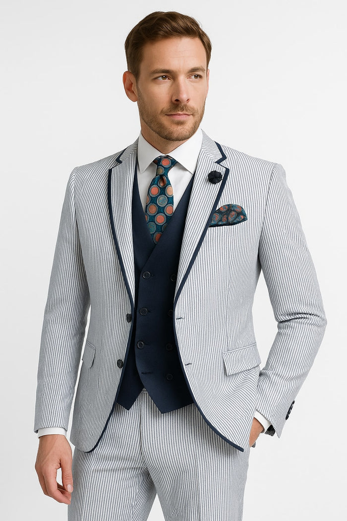Men's White and Navy Pinstripe Suit with Contrast Trim - 3-Piece Seersucker Style Set for Weddings and Summer Events by USA Men's Outlet