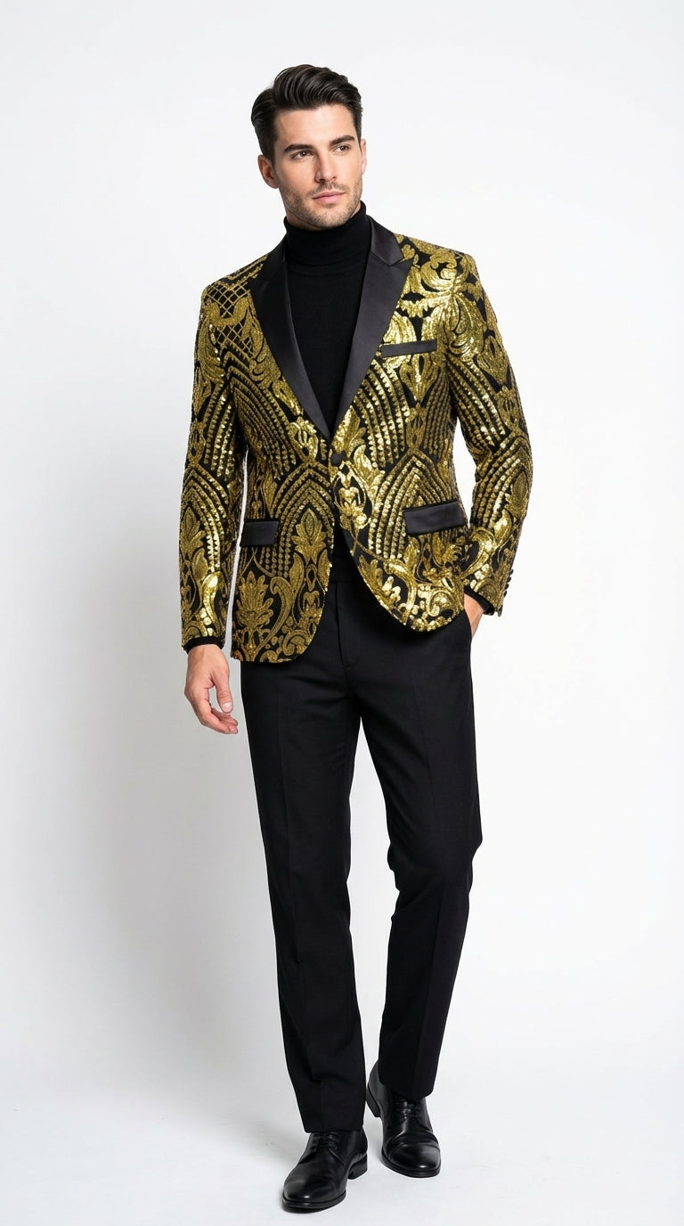 Mens Black and Gold Pattern Blazer – Gold Floral Luxury Formal Blazer Jacket for Prom, Wedding and Party Slim Fitted