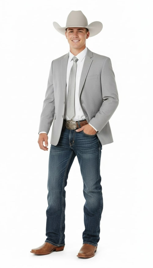 Saco Vaquero Mens Western Wedding Blazer – Light Gray Cowboy Suit Jacket for Rustic and Country Weddings