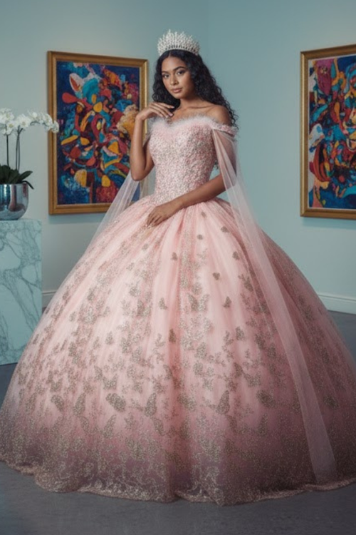 Glitter Butterfly Applique Cape Sleeves Quinceanera Gown