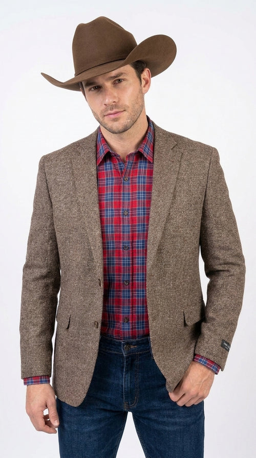Men’s Light Brown Western Blazer – Textured Tweed Herringbone Cowboy Sport Coat for Rodeo, Country Taupe Dark Tan Color Wool Fabric