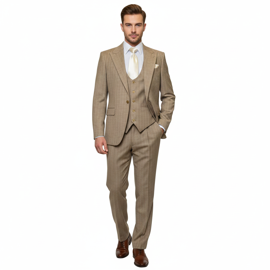 Men’s Beige Pinstripe Three-Piece Suit – Classic Fit Formal Suit with Vest and Flat-Front Pants in Tan Stripe By Rossiman – SuitUSA