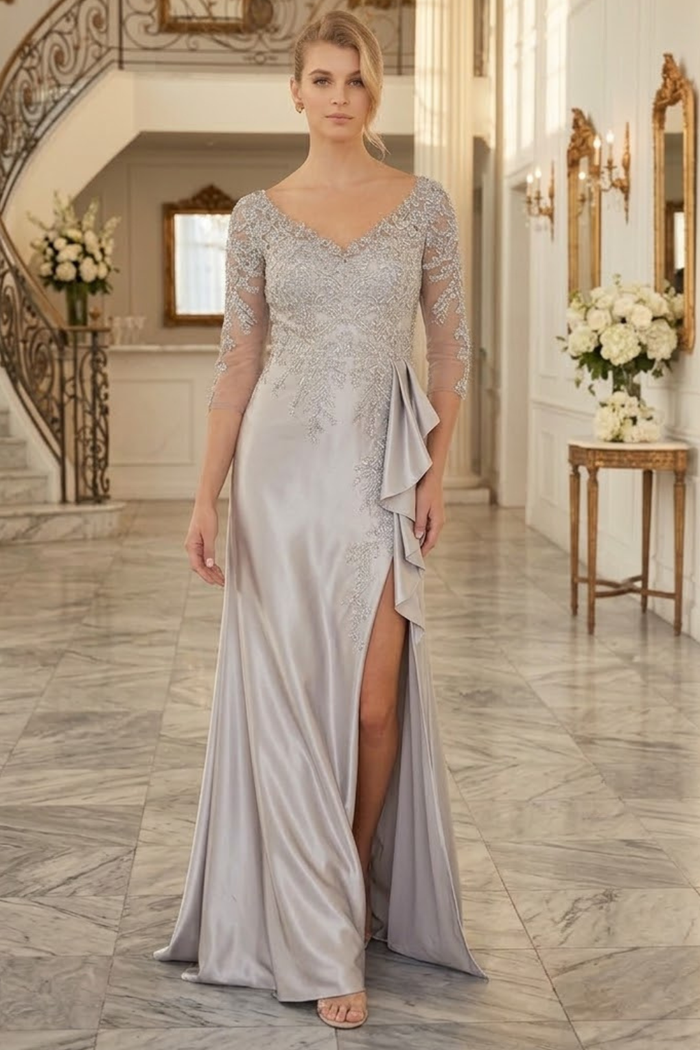 3/4 Sleeve Mother of the Bride Dress with Beaded Appliqués Formal Gown