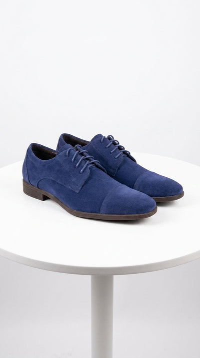 Men’s Navy Blue Suede Cap Toe Dress Shoes – Classic Lace Up Formal Wedding and Prom Shoes Velvet Fabric