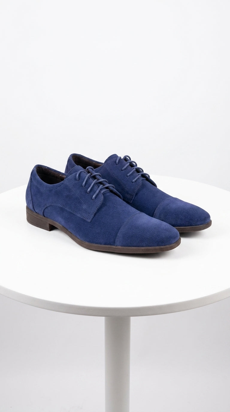 Men’s Navy Blue Suede Cap Toe Dress Shoes – Classic Lace Up Formal Wedding and Prom Shoes Velvet Fabric
