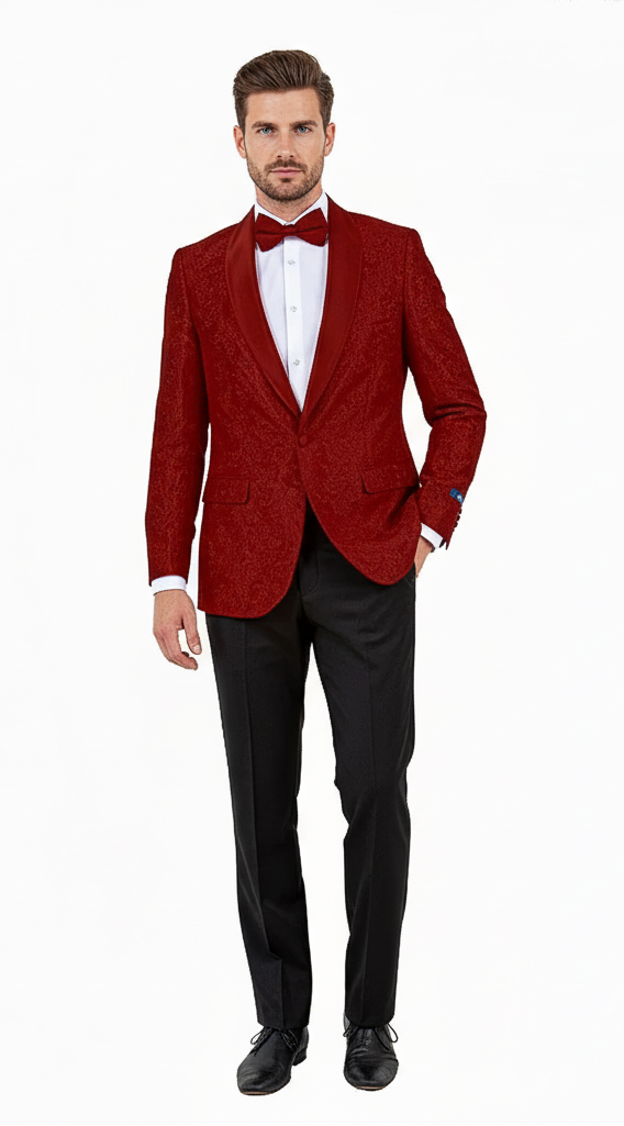 Big and Tall Men’s Burgundy Paisley Tuxedo Jacket - Satin Shawl Lapel Blazer with Bow Tie for Weddings, Proms, and Special Events by USA Men's Outlet