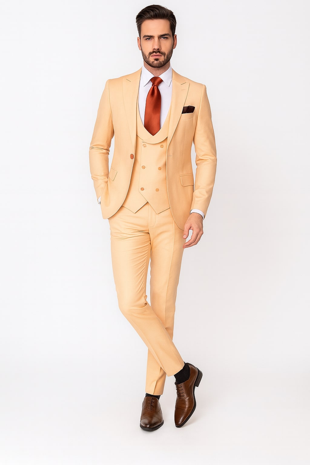 Mens Peach 3-Piece Suit - Double-Breasted Vest, Notch Lapel Blazer, Slim Fit Dress Pants by USA Men's Outlet