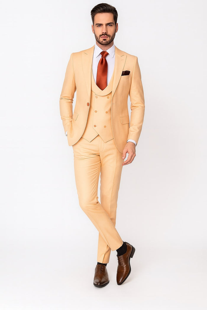 Mens Peach 3-Piece Suit - Double-Breasted Vest, Notch Lapel Blazer, Slim Fit Dress Pants by USA Men's Outlet