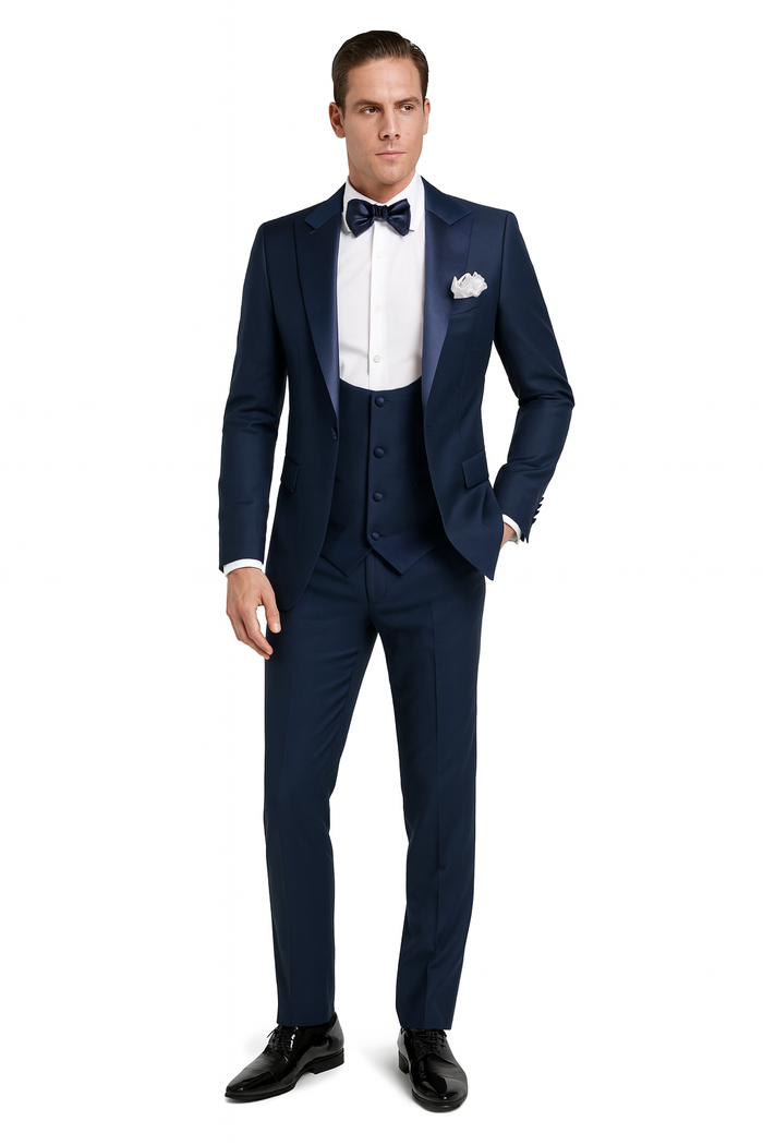 Men’s Navy Blue Tuxedo with Satin Peak Lapel with navy sateen - 3 Piece Formal Suit with Vest and Bow Tie by USA Men's Outlet