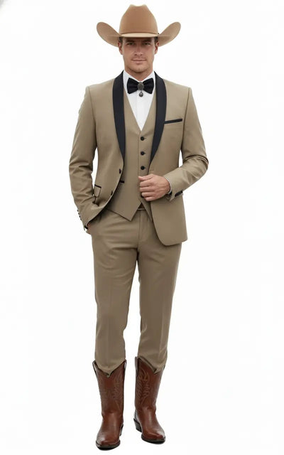 Men’s Western Cowboy Suit – 3-Piece Tan Tuxedo with Black Lapel, Vest, and Pants Beige  Color