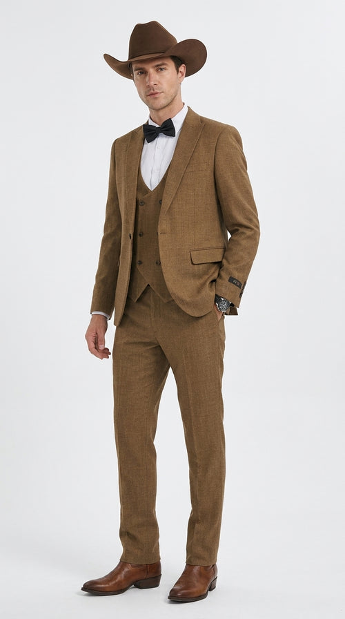 Men’s Light Brown Western 3-Piece Suit – Cowboy Wedding Suit with Vest British Khaki Color