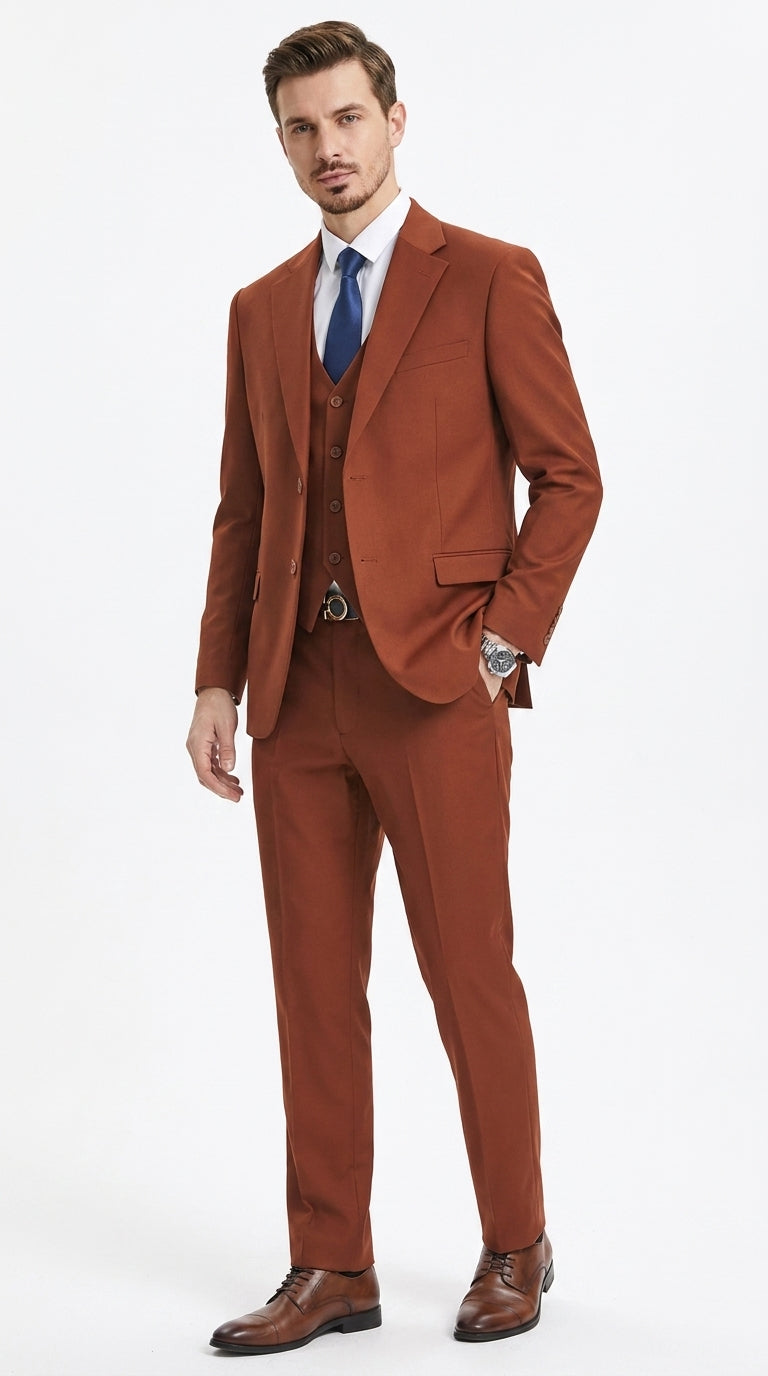 Stacy Adams Burnt Orange Suit – Men’s Rust 3-Piece Wedding & Formal Suit with Vest
