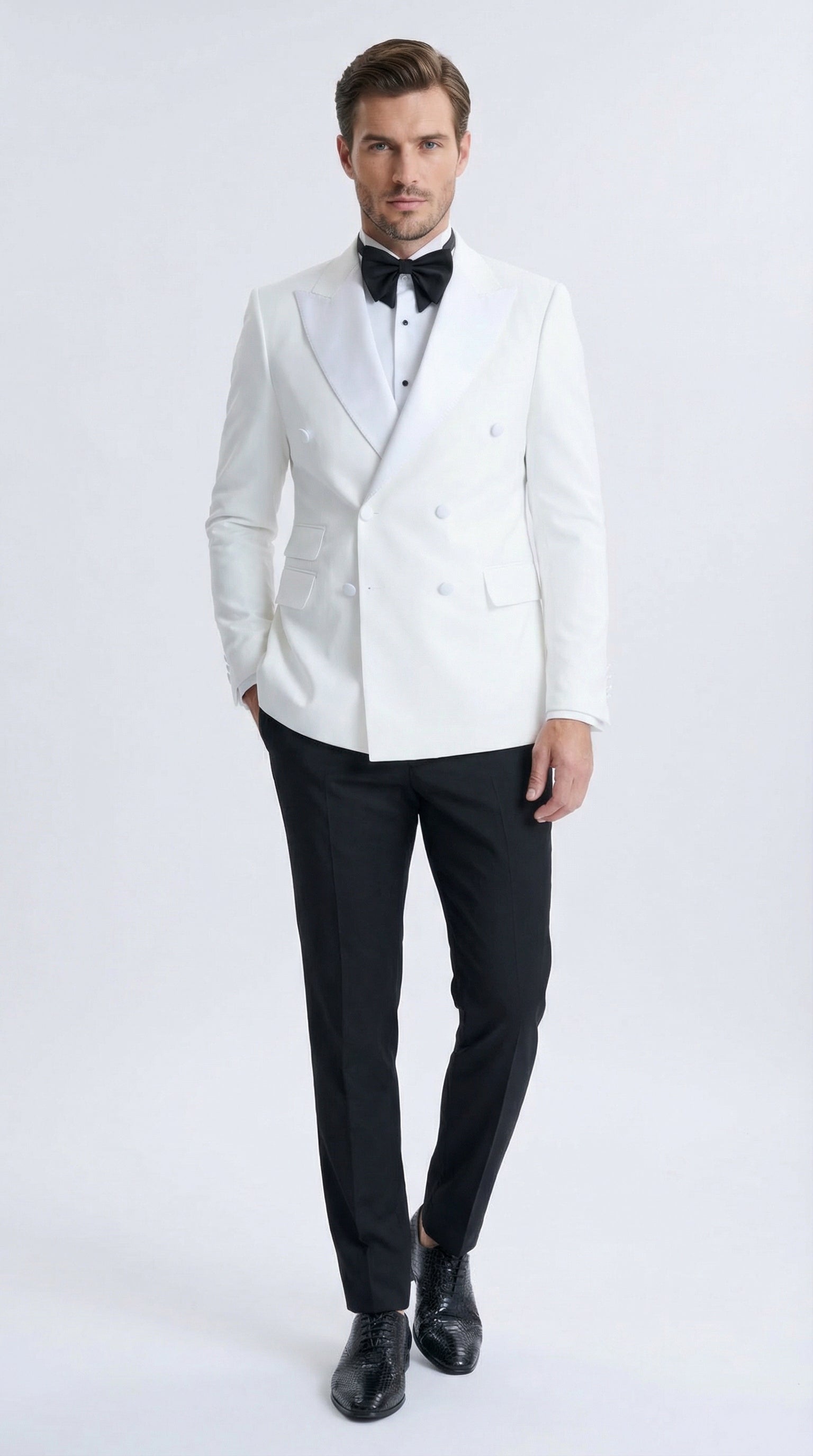 Men’s White Double Breasted Dinner Jacket Blazer with Black Pants – Formal Tuxedo Style Outfit for Weddings – SuitUSA