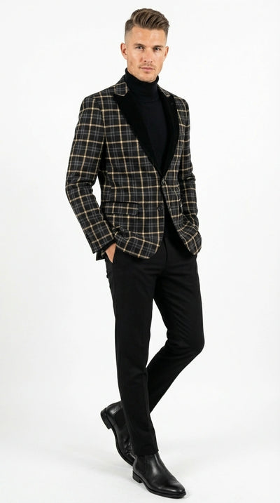 Mens Tartan Black and Gold Check Blazer – Windowpane Plaid Sport Coat Velvet Lapel Formal Party Jacket Chirsitmas New Year Holiday Jacket