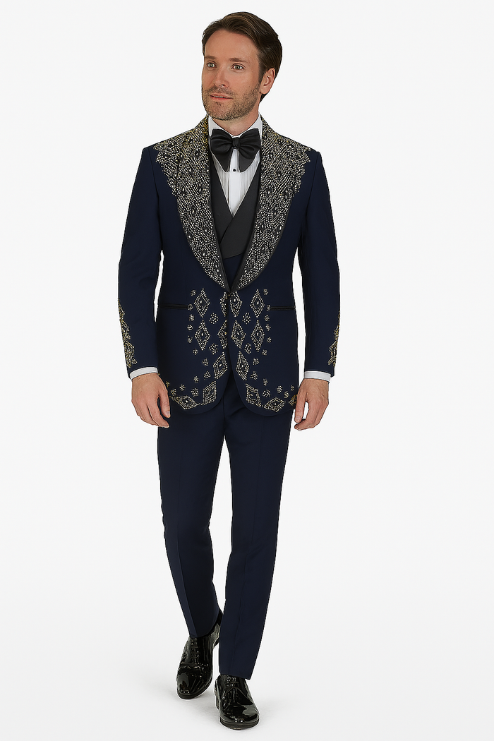 Men’s Navy Tuxedo with Gold Embroidery - Slim Fit Formal Dinner Jacket with Shawl Lapel by USA Men's Outlet