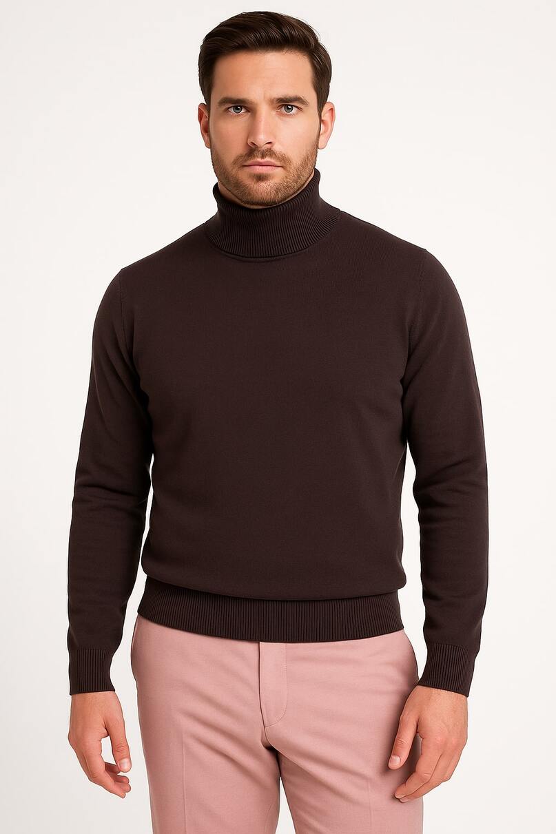 Men's Brown Turtleneck Sweater - Classic Slim Fit Knit Pullover for Fall and Winter by USA Men's Outlet