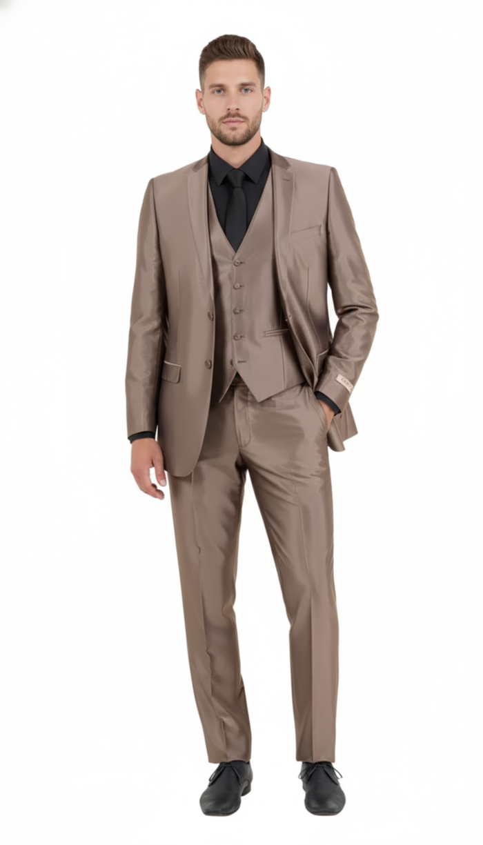 Men’s Sateen Shiny Metallic Mocca Taupe Gold Bronze 3-Piece Suit Set - Shiny Finish slim Fit Formal and Party Suit USA Men's Outlet