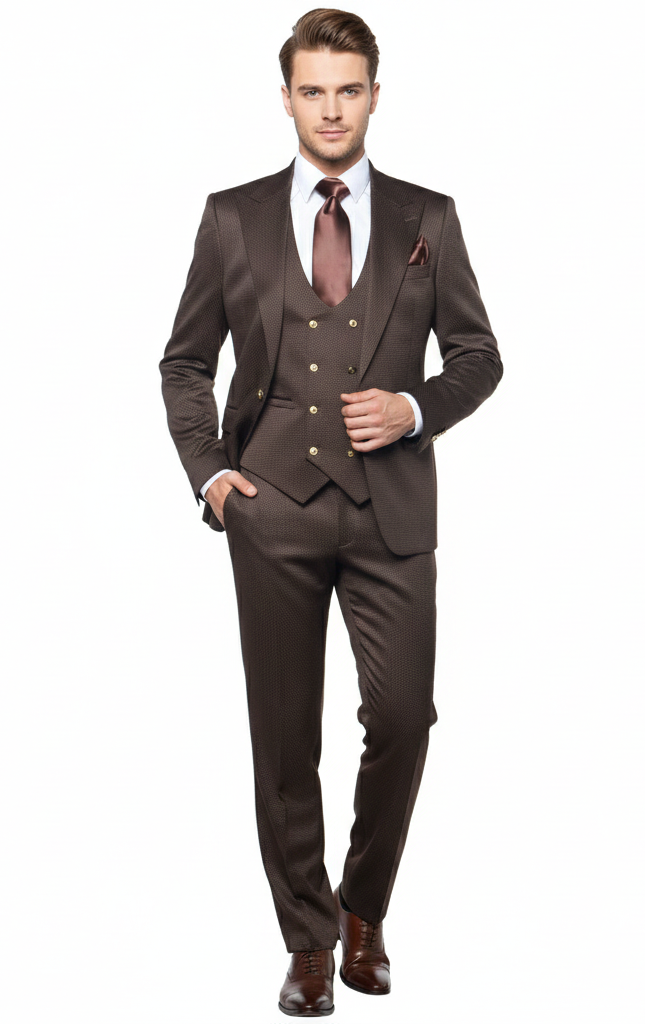 Men’s Chocolate Brown Textured 3-Piece Suit – Luxury Double-Breasted Vest Formal Set – SuitUSA