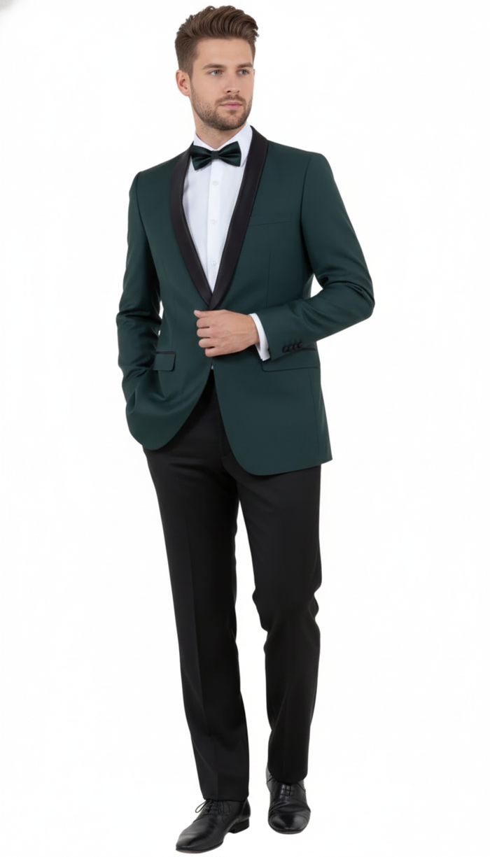 Men’s Green Tuxedo Suit - Slim Fit Jacket with Black Satin Shawl Lapel and Black Pants in Hunter Green by USA Men's Outlet