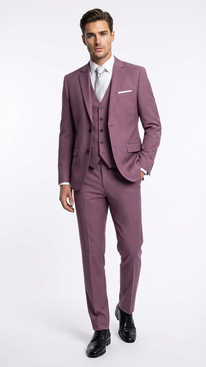 Men’s Mauve Three-Piece Suit - Slim Fit Formal Blazer, Vest, and Trousers for Weddings Rose Gold Pinkish Color USA Men's Outlet