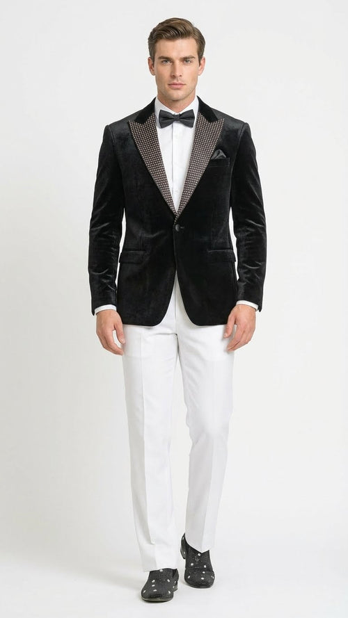 Men’s Black Velvet Tuxedo Blazer with Studded Lapel - Formal Evening Jacket by USA Men's Outlet